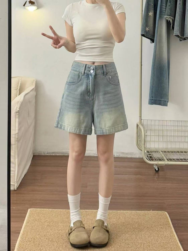 Retro Denim Shorts Women's Summer Thin Large Size Fat mm Pear-Shaped Figure High Waist Slimming Look Loose A-Line Wide Leg Pants