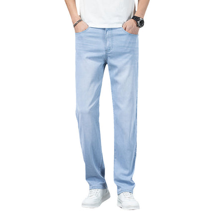 2025 Light Tencel Jeans Men's Straight Tube Loose Summer Thin Blue and White High-end light blue Casual Trousers