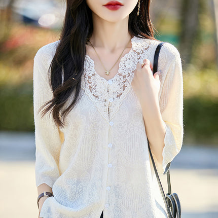 Spring and Summer New French Lace Worsted Wool Thin Cardigan Breathable Cut Out Women's V Neck Quarter-Sleeve Jacket