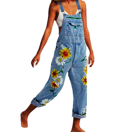 2026 Cross-Border European and American Women's Fashion Wish Amazon Foreign Trade Women's Printed Suspender Pants Denim Overalls European and American Style