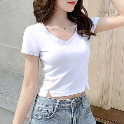 V-neck Black t-shirt Women's Short-sleeved 2024 New Summer Small Slim Short Bottoming Shirt top trendy