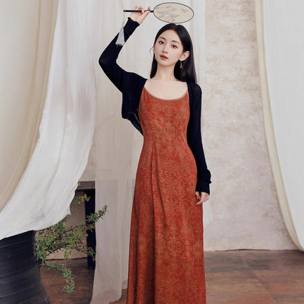 ycfs1621 New Chinese Style National Style Retro Orange Summer Elegant Simple Long Slip Skirt Cardigan Two-Piece Set