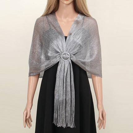 Cross-border new ladies solid color tassel long towel fashion simple gold and silver silk sunshade shawl commuter all-match scarf