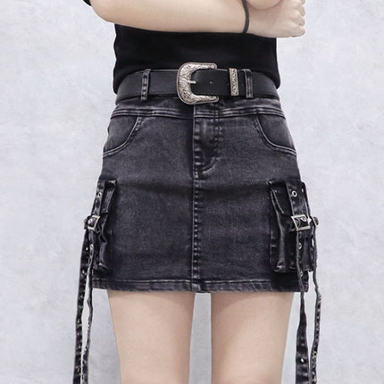 Retro Black and Gray Spicy Girl Style Ribbon Sweet Cool Denim Short Skirt for Women, Spring and Summer High-Waisted Workwear Ins Elastic Bodycon Skirt