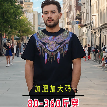 Eagle Feather Indian Element Heavy Trendy Brand Digital Printing Hot Drilling Wide Short-sleeved T-shirt Fat Plus Size