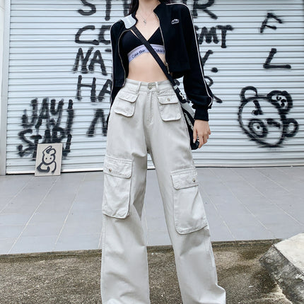 American casual overalls 2025 spring new design sense multi-pocket loose wide leg pants Denim floor pants