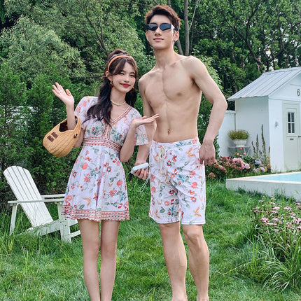 Couple's Matching Set: Women's Two-Piece Skirt-Style Swimsuit with Underwire and Gathering Effect, Conservative Summer Beach Shorts for Men, Suitable for Hot Springs and Vacation
