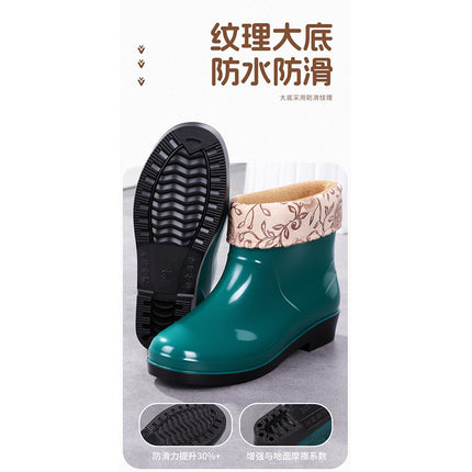 Fashionable Outdoor Water Shoes for Women, Waterproof and Non-Slip, Winter Fleece-Lined Rain Boots for Women, Warm Kitchen Work Short Rain Boots