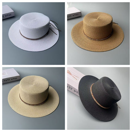 Bohemian Cowboy Style Flat-Top Straw Hat for Women's Summer Travel and Vacation Sun Protection Hat for Shopping and Versatile Flat-Brimmed Hat