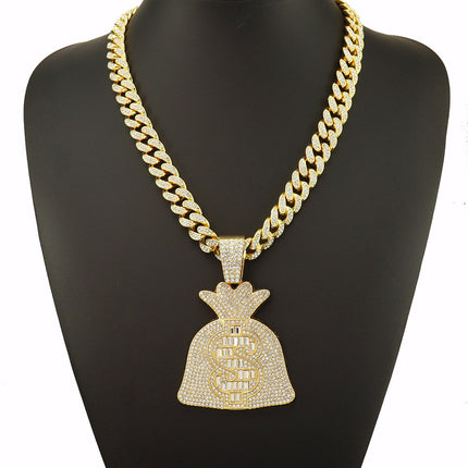 Cool Large Full Diamond Dollar Symbol Money Bag Pendant Necklace Pendant Diamond-encrusted Hip-hop Men's Cool Punk Necklace Pendant