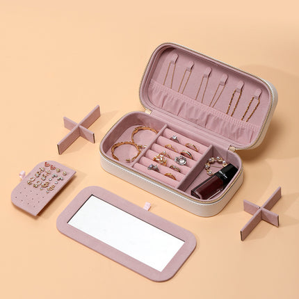 Striped Metal Zipper Jewelry Box with Mirror Jewelry Ring Necklace Storage Box Multifunctional Portable Jewelry Box