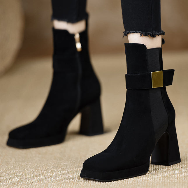 2025 New Women's Shoes~ New Short Boots, High-Heeled Boots, Chunky Heel, Waterproof Platform, Buckle Strap, Black