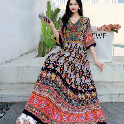 Amazon Cotton Silk Beach Dress Ethnic Style Large Swing Dress V-Neck Mid-Sleeve Dress Embroidered Vintage Floral Long Dress