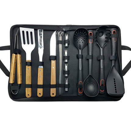 Outdoor camping stainless steel barbecue tools knife and fork suit nylon kitchenware spoon shovel cloth gift box wholesale