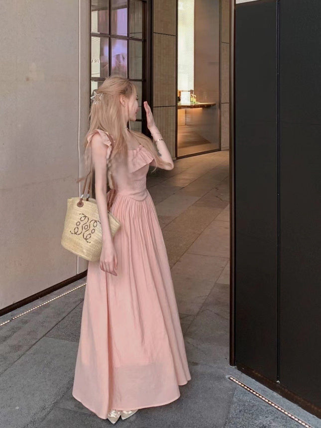 Pink Ruffled Square Collar dress Women's Summer 2025 French Style Small Flying Sleeve Seaside Holiday Beach Midi Dress