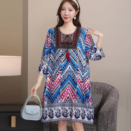 Extra Large Size Ethnic Style Round Neck Three-Quarter Sleeve Dress Loose Embroidered Flower Cotton Silk Travel Beach Skirt for Women