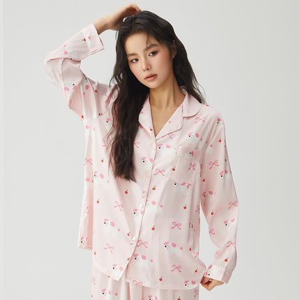 Bow Dog Cartoon Sweet Cute Wind Women's Pajamas Ice Silk Early Spring Comfortable Long Sleeve Home Clothes