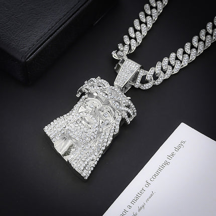 Cross-Border Hot-Selling European and American Hip-Hop Necklace for Men, Retro Head Portrait Pendant, Alloy Inlaid with Rhinestones, Personalized Fashion Trend