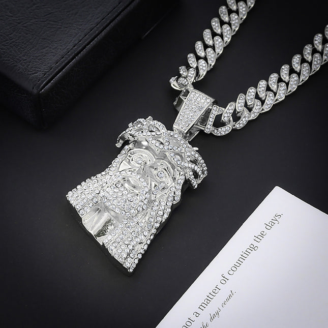Cross-Border Hot-Selling European and American Hip-Hop Necklace for Men, Retro Head Portrait Pendant, Alloy Inlaid with Rhinestones, Personalized Fashion Trend
