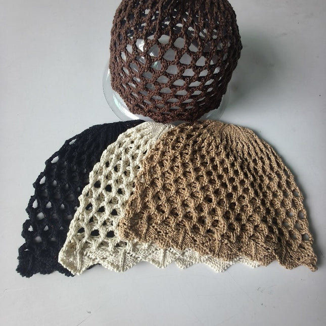 Korean Niche Design Cotton Hollow Breathable Knitted Hat for Women with Large Head Circumference, Fashionable Photo-Taking Head Wrap Hat