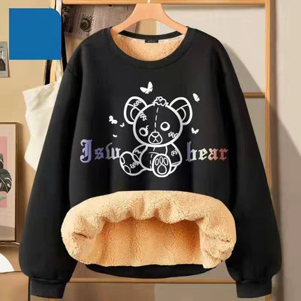 Fleece-lined thickened sweater men's winter Youth student 2022 new best bear printed round neck lambswool top