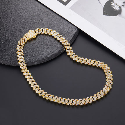 Cross-Border Hip-Hop New Product Bar Cuban Chain 12mm Alloy Rhinestone High Quality Versatile Hip-Hop Necklace Drop Shipping
