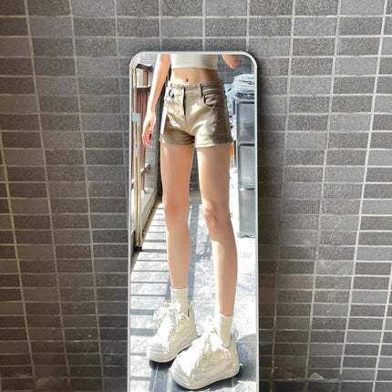 American Retro High Street Summer Hot Pants Hot Girl Design Khaki Personalized Denim Shorts for Women Slimming Students