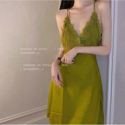 Sexy Pajamas Women's Summer Ice Silk Thin Lace 2023 New Sling Nightgown Nightgown Spring and Autumn Two-piece Set