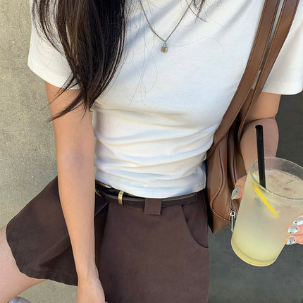 Guangzhou Huang Zheng Basic 7-Color Brushed Round-Neck Short-Sleeve T-Shirt for Women, Early Autumn Versatile Comfortable Regular Shoulder Top 530760