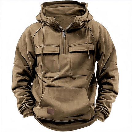 Cross-Border Men's Half-Zip Hooded Sweatshirt, Retro Workwear with Multiple Flap Pocket Pantss, Loose Casual Pullover Hoodie