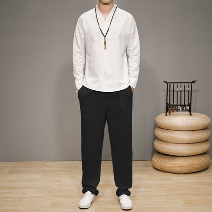 Cotton and Linen Suit Men's Autum New Tang Suit Long-Sleeved Pants Chinese Style Retro Zen Suit Chinese Casual Han Dynasty Suit