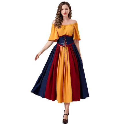 European and American New Arrivals: Medieval Retro Color-Blocking Dress with Flutter Sleeves, Tie-Waist, and Large Hem, Suitable for Masquerade Ball Performance