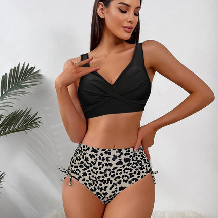 New Foreign Trade Two-Piece Swimsuit European and American Sexy Criss-Cross Ruched Bikini High-Waisted Leopard Print Swimsuit Women's Bikini