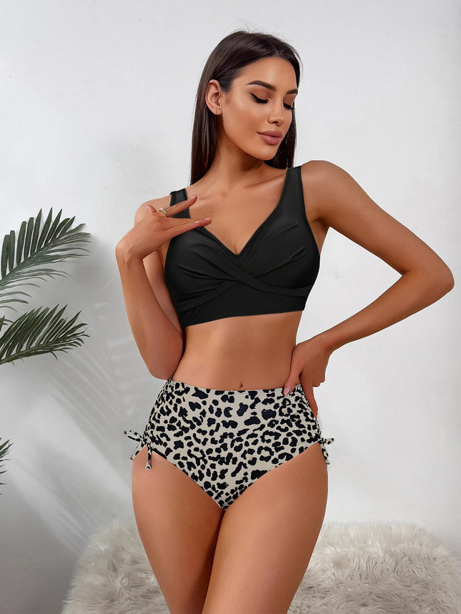 New Foreign Trade Two-Piece Swimsuit European and American Sexy Criss-Cross Ruched Bikini High-Waisted Leopard Print Swimsuit Women's Bikini