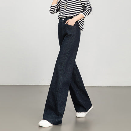 Popular Commuter Fashion Jeans for Women, Spring and Autumn Vintage Straight-Leg Flared Pants, High-Waisted Long Pants, Floor-Length Yarn-Dyed Shiny Silk