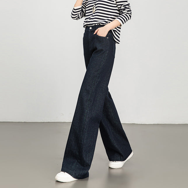 Popular Commuter Fashion Jeans for Women, Spring and Autumn Vintage Straight-Leg Flared Pants, High-Waisted Long Pants, Floor-Length Yarn-Dyed Shiny Silk