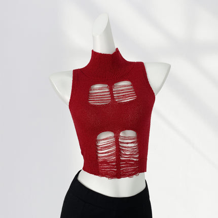 Hot Sweetheart Knitted Tight Vest Women's High Collar Open Waist Hole Hollow Sexy American Style Hot Girl Small Top Ins