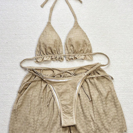 European and American Sexy Bikini Three-Piece Special Fabric Swimwear Women's Solid Color Beach Suit Holiday Swimwear Hot Sale