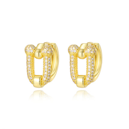 European and American Light Luxury Full Diamond U-Shaped Horseshoe Buckle Earrings Ear Buckle Cold Style Retro Style Hollow Letter V Copper Earrings