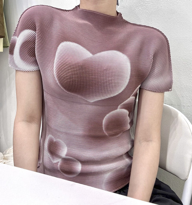 Issey Miyake Summer New Fashion Elegant Pleated Top Digital Printing Easy Care Versatile Pleated Mini Top