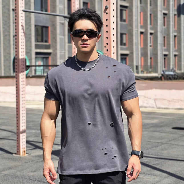 Muscle Sports Loose Cotton Fitness Short-sleeved Men's Basketball Autumn Running Training Sports T-shirt Rough Crewneck