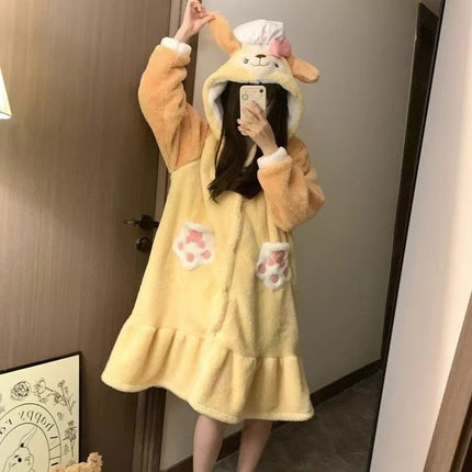 Butter Cake Chef Dog Pajamas Women's Winter Coral Fleece Thickened fleece-lined Winter Long Nightgown Home Clothes suit