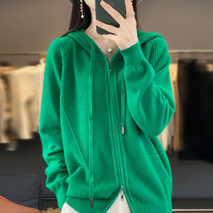 Wool Blend 2026 Autumn and Winter New Women's Hooded Sweatshirt Loose Plus-Size Short Knitted Hoodie Base Layer Cardigan