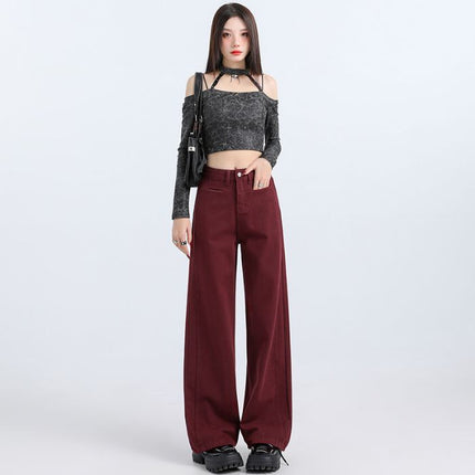 American Ankara Red Narrow Straight-Leg Jeans for Women, Autumn New Loose Slimming Versatile Floor-Length Wide-Leg Pants