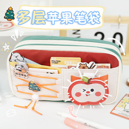 Cute Milk Huhu Apple Contrast Color Pencil Case Large Capacity Primary School Students Multi-Layer Drawstring Pencil Storage Dirty-Resistant Stationery Box