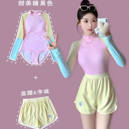 Women's Swimsuit Dopamine Style One-Piece Slim Conservative Slimming Age-Reducing Sun Protection Long-Sleeved Vacation Surfing Hot Spring