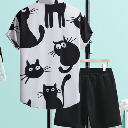 Casual Men's Shorts suit Black Cat Print Men's Short-sleeved Shirt Men's Shirt Summer 2025 New Cross-border