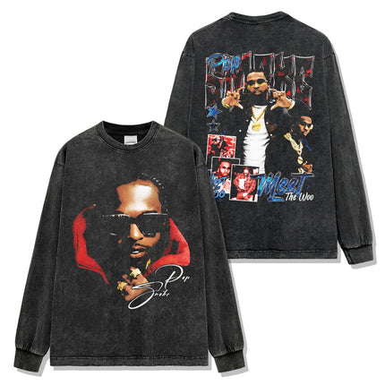 Cross-border American Hip-hop Smoke Pop Smoke Printed Short-sleeved T-shirt Washed Long-sleeved Loose Hooded Sweat for Men