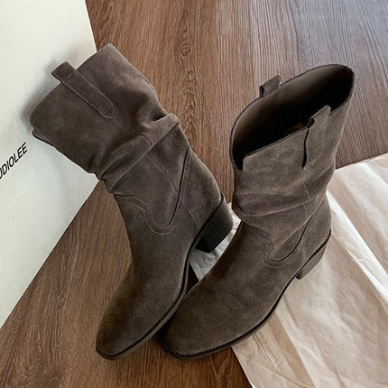 Cowhide Version ~ Slim Knight Boots 2025 New V-Mouth Thick Heel Heightening Slimming Large Tube Short Boots Women's Boots