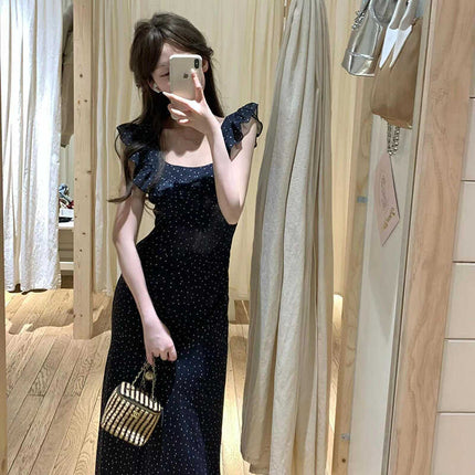 French High-end Ruffled Short-sleeved Dress Women's Tight Waist Elegant Sexy Backless Wave Dot Mid-length Dress for Summer